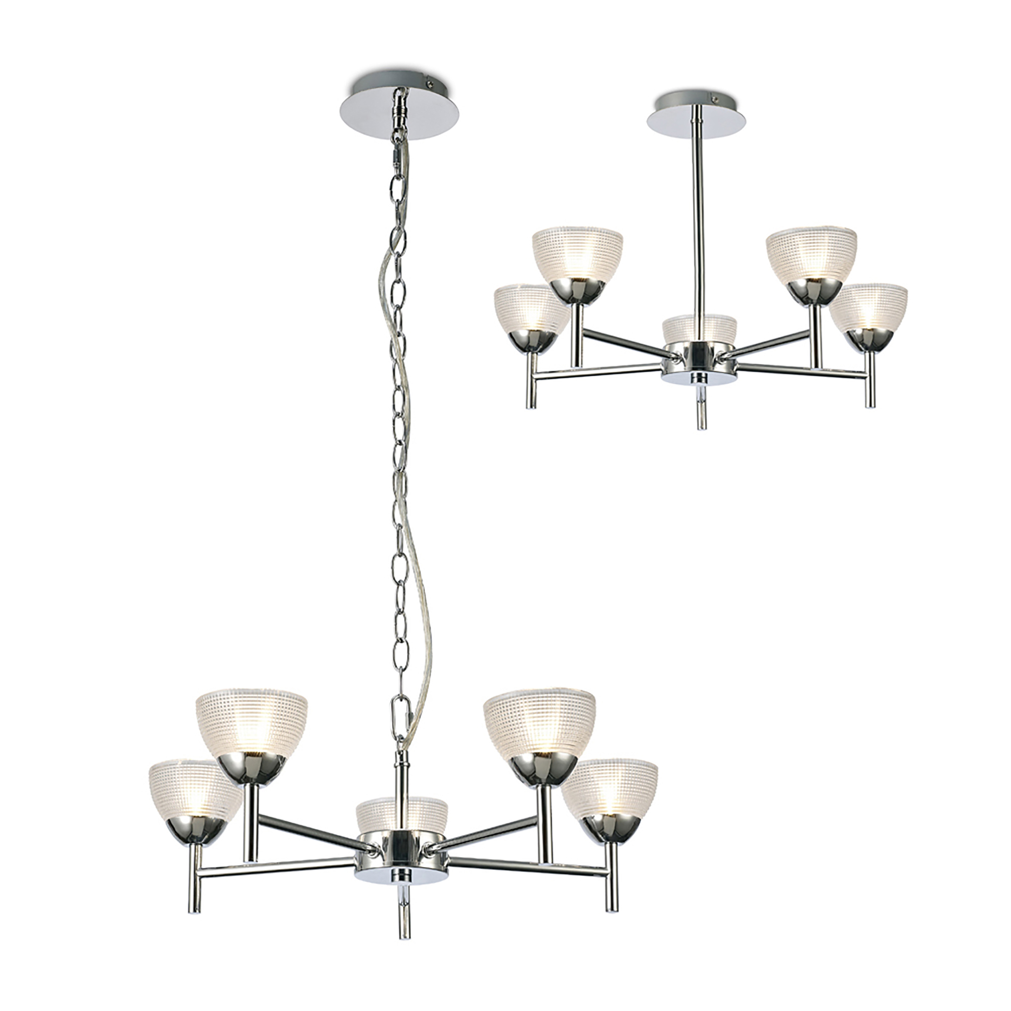 D0414  Avalon Pendant/Semi Flush 5 Light Polished Chrome, Clear Prismatic Glass